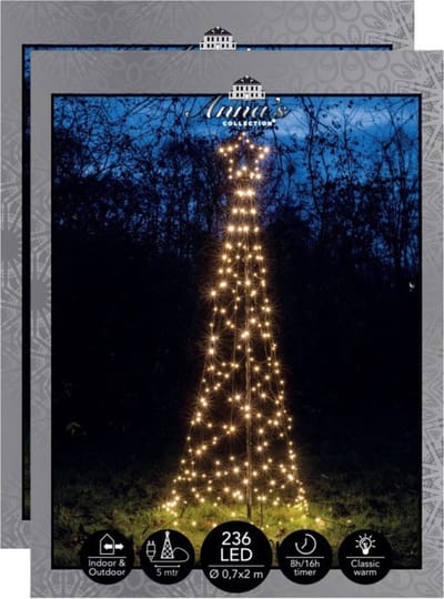 Anna's Collection Vlaggenmast kerstboom met ster - 2x - verlichting - 236 leds - 200 cm - warm wit