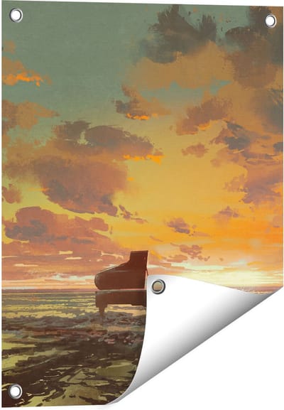 Gards Tuinposter Piano op het Strand bij Zonsondergang - 40x50 cm - Tuindoek - Tuindecoratie - Wanddecoratie buiten - Tuinschilderij