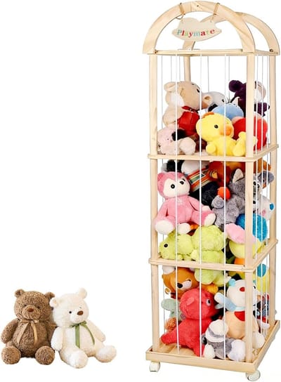 Opbergkooi Knuffels - Speelgoed Organizer - Kinderkamer Inrichting - Drie Niveaus Met Wielen - 156 x 40 x 40 cm