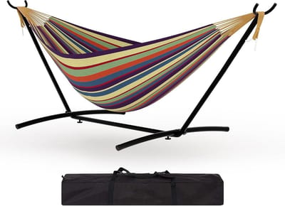 Dubbele hangmat - Balk hangmat - Buiten ontspannen - Ruimtebesparend frame - 204 kg capaciteit - Gele strepen