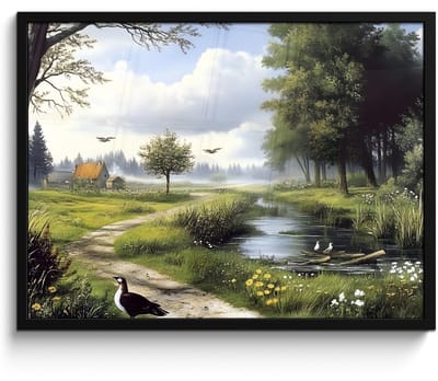 Poster in lijst - Fotolijst 80x60 cm - Posters - Zandpad - Groen landschap - Water - Posterlijst zwart - Decoratie - Wanddecoratie woonkamer - Muurdecoratie slaapkamer