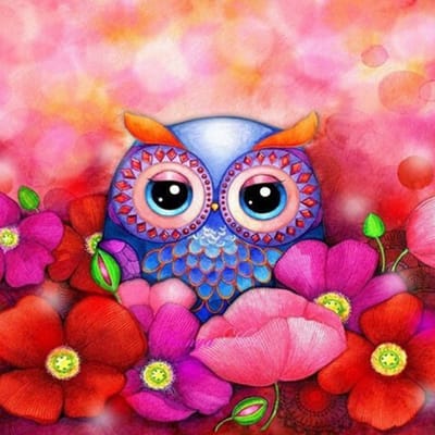 Diamond painting 40x50cm - uiltje in bloemen roze - ronde steentjes