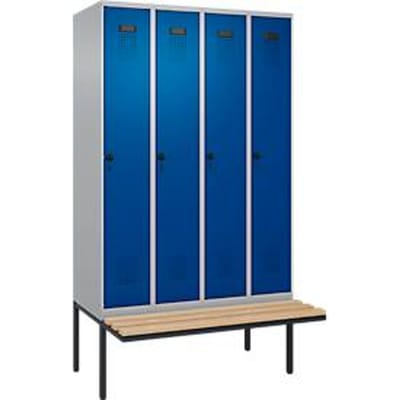 C+P Evolo Plus garderobekast, 4 vakken van elk 300 mm breed, zwevende bank, B 1200 x D 815 x H 2120 mm, draaischroef, blank aluminium/ gentiaanblauw
