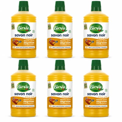 Biovie Vloeibare Zwarte Zeep met Lijnzaadolie 1 Liter - Set van 6 Flessen (6 L Totaal) - Ecocert Gecertificeerde Savon Noir - Multifunctionele Ecologische Reiniger - Made in France