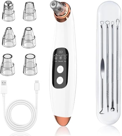 Reiniger voor Acne en Mee-Eters - USB-Oplaadbaar Apparaat voor Het Verwijderen van Mee-Eters - met 6 Opzetstukken voor Het Verwijderen Van Witte Mee-Eters - Veilig, Effectief en Pijnloos