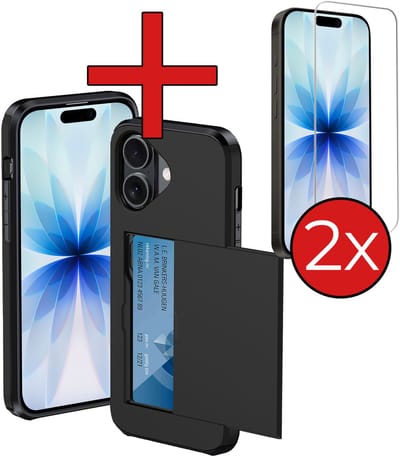 Hoesje Geschikt voor iPhone 17 Hoesje Met Pasjeshouder Hard Case Met Kaarthouder Met 2x Screenprotector - Hoes Geschikt voor iPhone 17 Hoesje Pashouder Case - Zwart