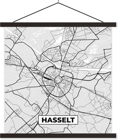 Posterhanger incl. Poster 60x60 cm - Schoolplaat - Stadskaart – Plattegrond – België – Zwart Wit – Hasselt – Kaart - Textielposter - Zwarte latten - Stadskaart
