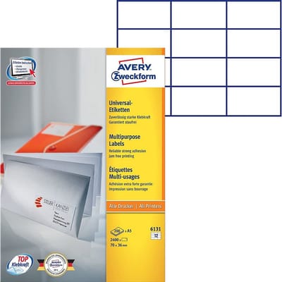 etiket Avery ILK 70x36mm op A5 vel doos a 200 vel 12 etiketten per vel wit
