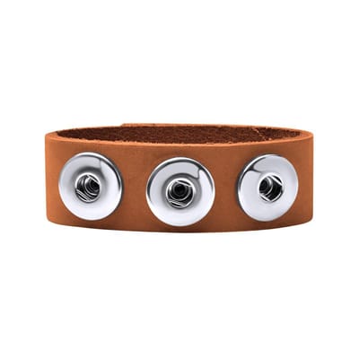 Quiges - Leren Drukknoop Armband 18mm Lichtbruin 18.5 - 20.5cm - EBM131