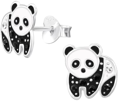 Joy|S - Zilveren panda oorbellen - 8.3 x 8.8 mm - zwart wit met kristal - kinderoorbellen