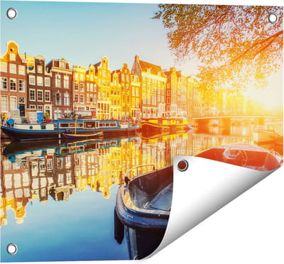 Gards Tuinposter Amsterdamse Brug - Gracht - met Bloemen - 50x40 cm - Tuindoek - Tuindecoratie - Wanddecoratie buiten - Tuinschilderij