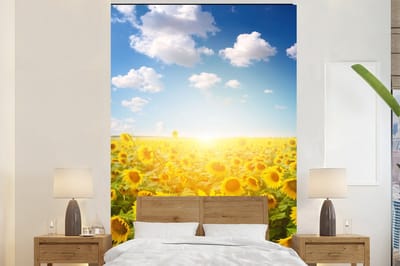 Behang - Fotobehang Zonnebloem - Zon - Wolken - Breedte 180 cm x hoogte 280 cm