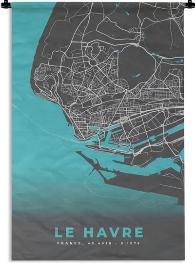 Wandkleed - Wanddoek - Le Havre - Plattegrond - Stadskaart - Kaart - Frankrijk - 120x180 cm - Wandtapijt