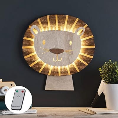 Houten Leeuw Wandlamp LED met Timer en Afstandsbediening voor Kinderslaapkamer