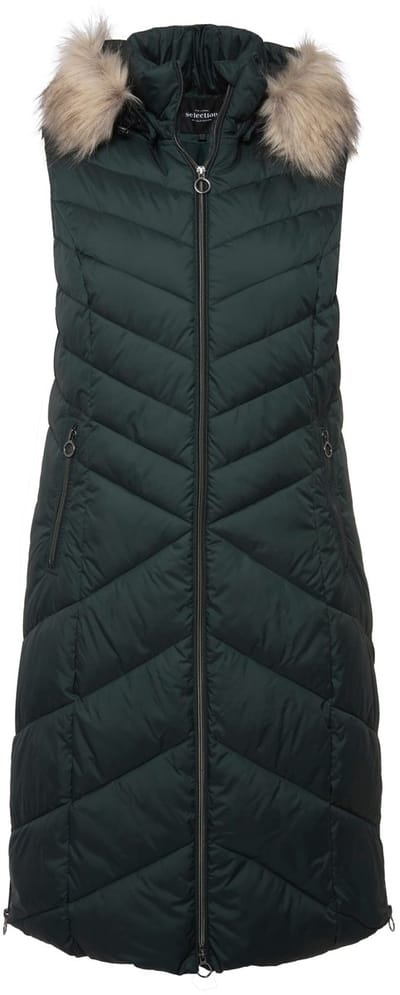 Ulla Popken - Dames - Lange doorgestikte bodywarmer waterafstotend capuchon - Nachtgroen - Maat 46+