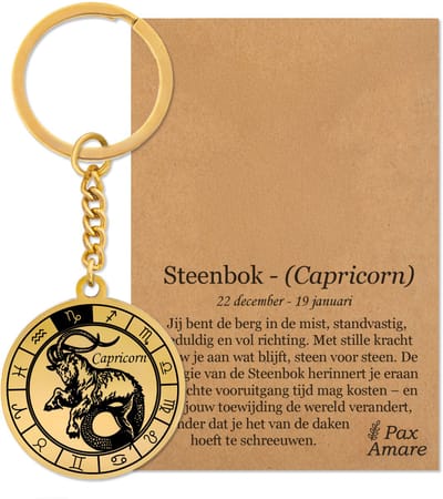 Sterrenbeeld Steenbok (Capricorn) Sleutelhanger op Cadeau Kaartje – Spiritueel Cadeau van Roestvrij Staal – Goudkleurig – Pax Amare