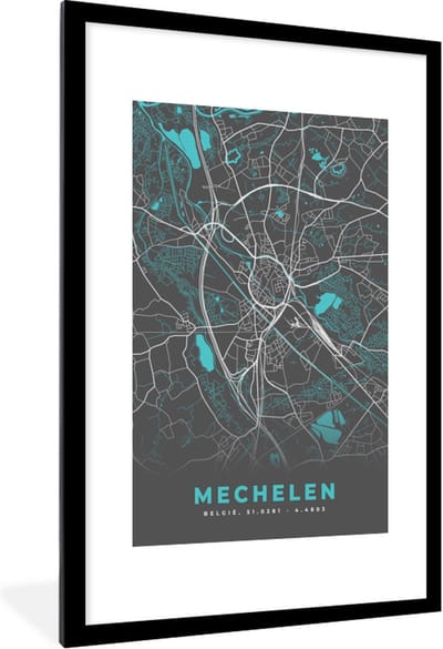 Fotolijst incl. Poster - België – Mechelen – Stadskaart – Kaart – Blauw – Plattegrond - 80x120 cm - Posterlijst