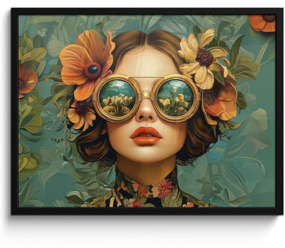 Poster in lijst - Fotolijst 70x50 cm - Posters - Vrouw - Bloemen - Vlinders - Natuur - Vintage - Posterlijst zwart - Decoratie - Wanddecoratie woonkamer - Muurdecoratie slaapkamer