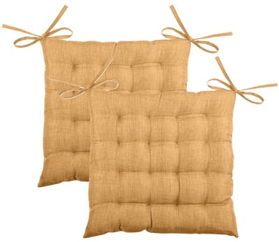 Stof Textile stoelkussen BEA - 2x - okergeel - 40 x 40 x 4 cm - touwtjes sluiting - binnen/buiten - zitkussens plat