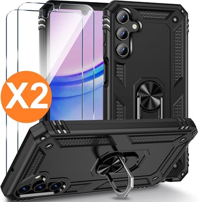 Hoesje Geschikt voor Samsung Galaxy A15 Hoesje Zwart Anti-Shock Hybrid Armor hoesje Met Draaibare Ring Houder - Samsung A15 Screenprotector 2 pack