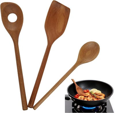 Set van 3 Houten Kooklepels, Duurzaam Keukengerei, Natuurlijke Houten Lepels voor Diverse Kookbehoeften