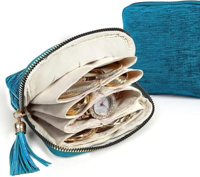 Reis sieraden organizer - Blauw - 5 Vakjes - Fluwelen Mini Reistas met Rits en Kwast - Voor Dames