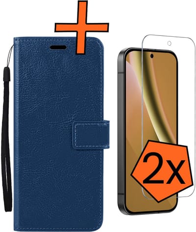 Hoes - Met 2x Screenprotector - Geschikt voor Google Pixel 10a - Luxe Pasjeshouder - Bookcase Portemonee - Flip Case - Kunstleer Book Case - Flipcase Hoes - Book Cover - Walletcase - PortemonneeHoes - Donkerblauw