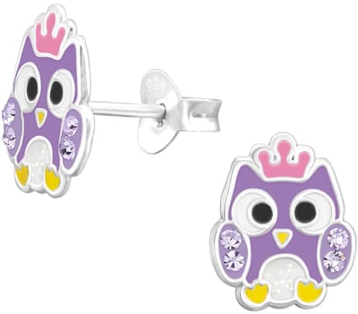 Joy|S - Zilveren uil oorbellen - paars met roze kroontje - 8.5 x 10 mm - kristal - kinderoorbellen