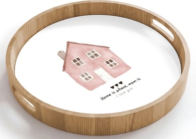 Dienblad rond 40x40 cm - Schootdienblad hout - Huisje - Roze - Quote - Moeder - Borrelplank rechthoek - Plateau houten dienbladen