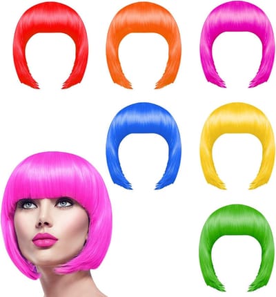 Set van 6 Kleurrijke Neon Bob Wigs voor Feestjes, Cosplay en Halloween - Perfecte Haaraccessoires voor Hen Party en Decoraties