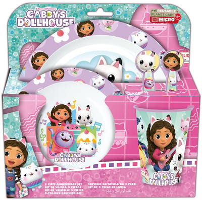 Gabby's Poppenhuis Kinderservies - 5-delig - Herbruikbaar - Inclusief bord, kom, bestek en beker - Vaatwasser- en microgolfbestendig & BPA-vrij - Wit/Paars-Roze