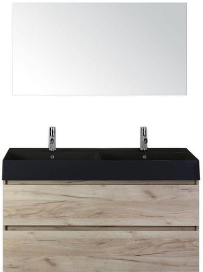 Maxx XL Badmeubelset 120 cm - Craft Oak - Wastafel Kube Dubbel Zwart 2 Kraangaten met Spiegel