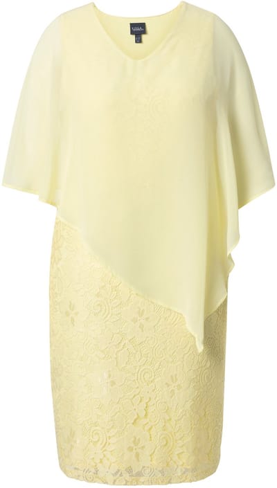 Ulla Popken - Dames - Kanten jurk A-lijn V-hals 3/4-mouwen - Bleekgeel - Maat 50+