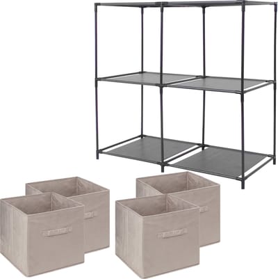 5Five Kastmandjes/opberg manden - beige - 4x van 29 Liter - Metalen rekje is 68 x 70 cm