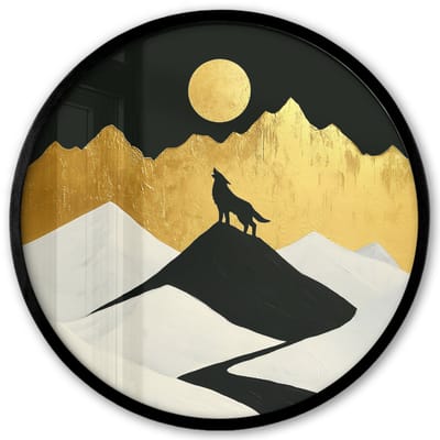 Poster in lijst Rond - Fotolijst 40x40 cm - Posters - Wolf - Bergen - Maan - Zwart - Ronde posterlijst zwart - Decoratie - Wanddecoratie woonkamer - Muurdecoratie slaapkamer