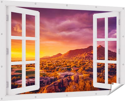 Gards Tuinposter Doorkijk Woestijn Landschap met Zonsondergang - 180x120 cm - Tuindoek - Tuindecoratie - Wanddecoratie buiten - Tuinschilderij