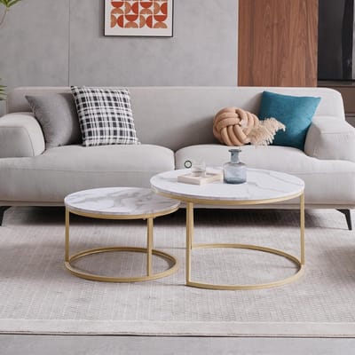 Set van 2 Nesttafels met Marmeren Look, Ronde Bijzettafels Woonkamer