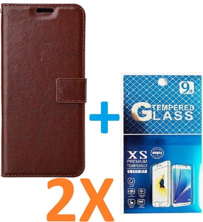 Portemonnee Book Case Hoesje + 2x Screenprotector Glas Geschikt voor: iPhone 15 - Bruin