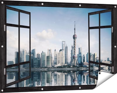 Gards Tuinposter Doorkijk Shanghai Skyline in China - 120x80 cm - Tuindoek - Tuindecoratie - Wanddecoratie buiten - Tuinschilderij