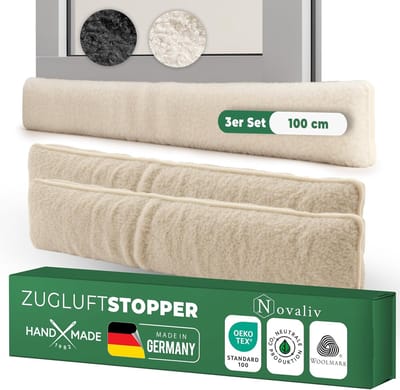 Tochtstopper voor deuren 100cm natuurlijke scheerwol  houdt tocht en kou tegen, dempt geluid/stof/licht, antislip, geen boren nodig; voor appartement/voordeur, dicht deurspleet af, set van 3