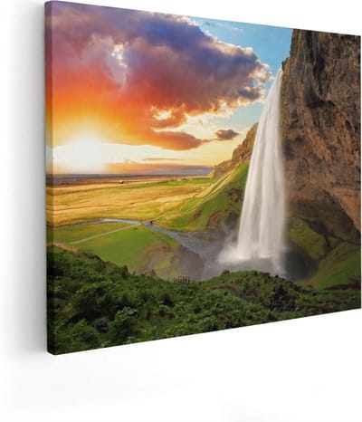 Artaza Canvas Schilderij Zonsondergang - 50x40 cm - Wanddecoratie Landschap - Muurdecoratie Natuur - Kamer Accessoires Waterval IJsland