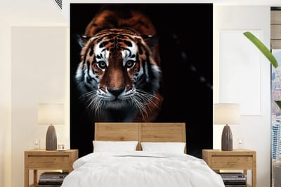 Behang - Fotobehang Dieren - Tijger - Zwart - Wild - Portret - Breedte 195 cm x hoogte 260 cm
