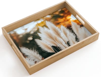 Dienblad hout 40x30 cm - Schootdienblad - Pampasgras - Pluimen - Sierlijk - Borrelplank rechthoek - Plateau dienbladen