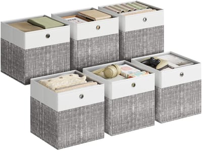 Dailygoods- Opbergdoos set van 6 - 30 x 30 x 30 cm - Tweekleurige opbergbox - Wit/grijs - Geurneutraal - Duurzaam en vormvast - Opbergmand