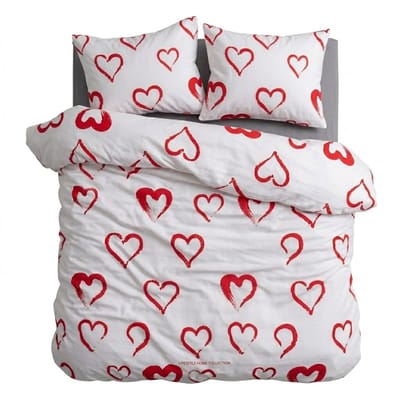 HappyNest - Dekbedovertrek - 2 persoons - 200x200 cm + met 2 Kussenslopen - 60*70 cm - Wit met Rode Wit Hartjes
