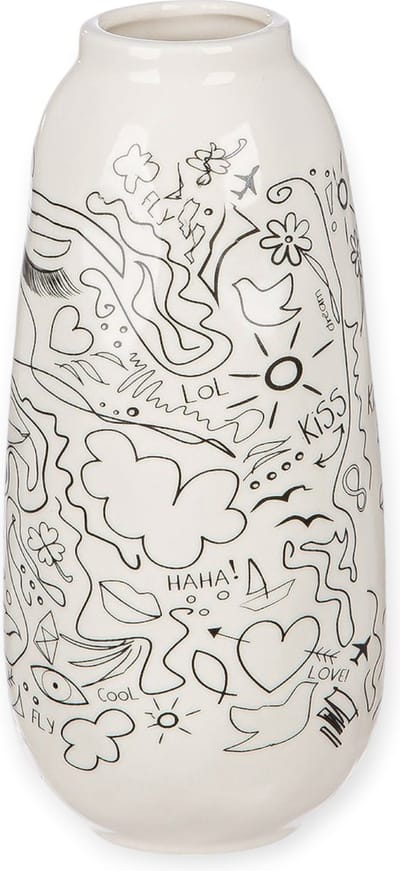 Gilde Handwerk - Vaas - Keramiek - Single Line Design - 9x20cm - Wit - Zwart