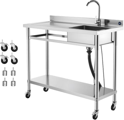 Rvs Hulpsink Met Wielen, Mobiele Enkele Kom Sink voor CommerciëLe Keukens, Inclusief Kraan en Warmte- en Koude Watervetten, Multifunctionele Komtafel voor Garage, Restaurant Of Wasgebruik, 1200 X 500 X 1055mm