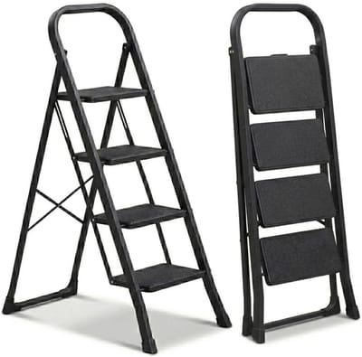 Opvouwbare Trapladder - Keukenladder Vouwladder - Veilig Hoge Planken Bereiken - Antislip Voetjes en Treden - 4 Treden - Zwart