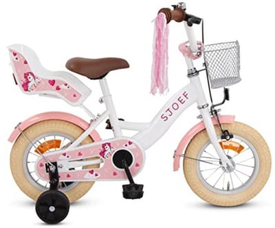 SJOEF Dolly Kinderfiets met Poppenzitje 12 inch | Geschikt voor 2-4 jaar | Kledingmaat 90-105 cm | Fiets voor Meisjes/Kinderen met Zijwieltjes | Verstelbaar Zadel en Stuur