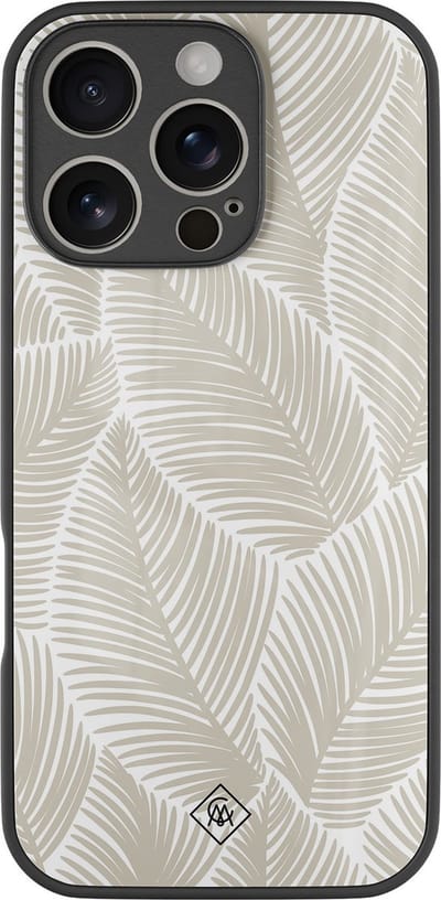 Casimoda® hoesje - Geschikt voor iPhone 16 Pro - Palmy Leaves Beige - Luxe Hard Case Zwart - Backcover telefoonhoesje - Bruin/beige